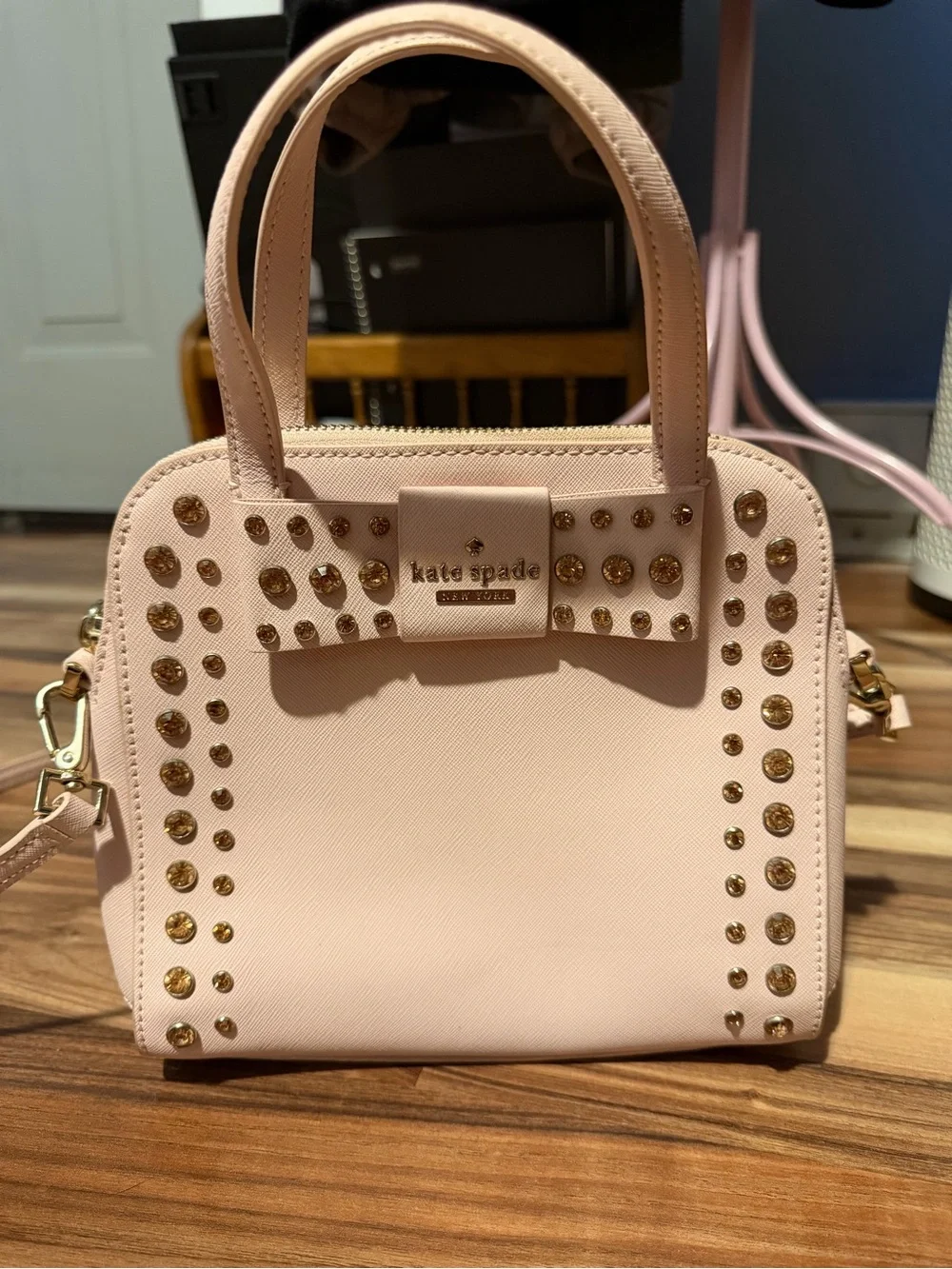 kate spade blush pink studded satchel with gold hardware